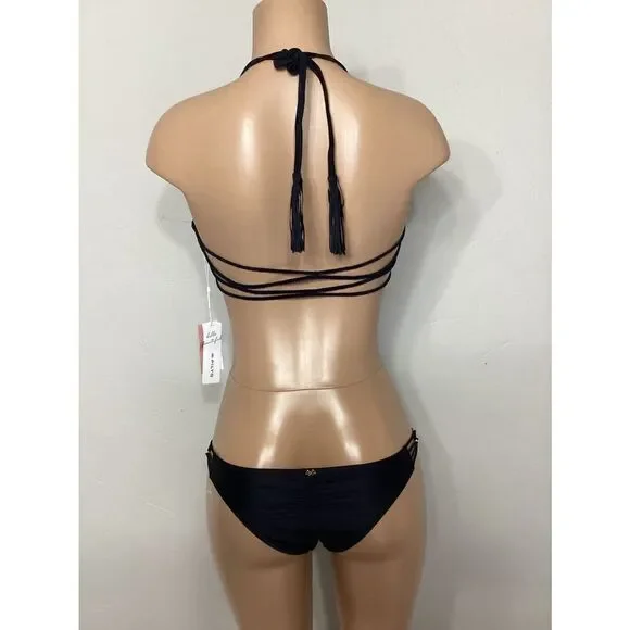 New. Pilyq black braided bikini set. D-cup/M-bottom